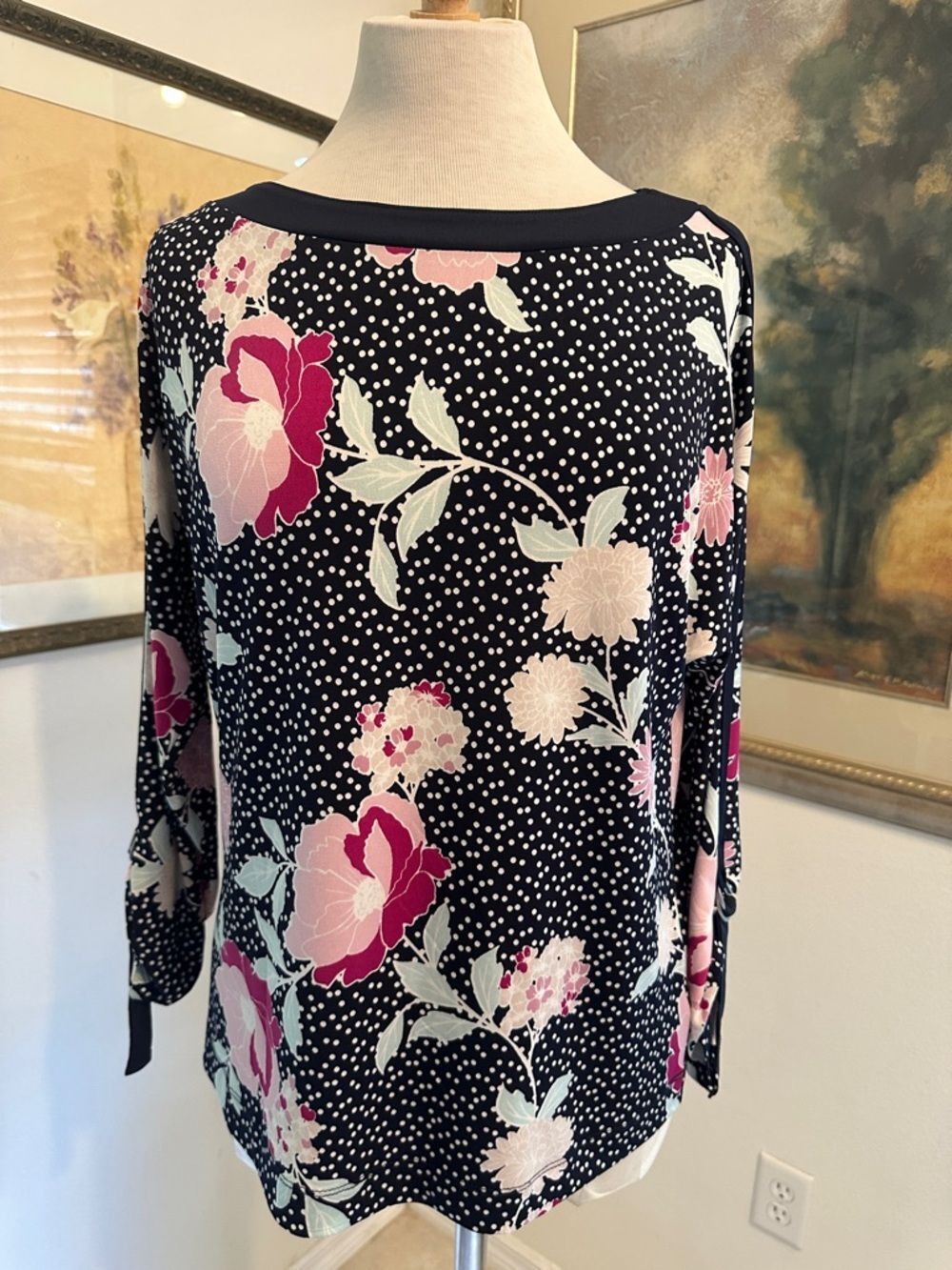 JONES NEW YORK Floral Polka Dot 3/4 Sleeve Top - Navy/Pink/White